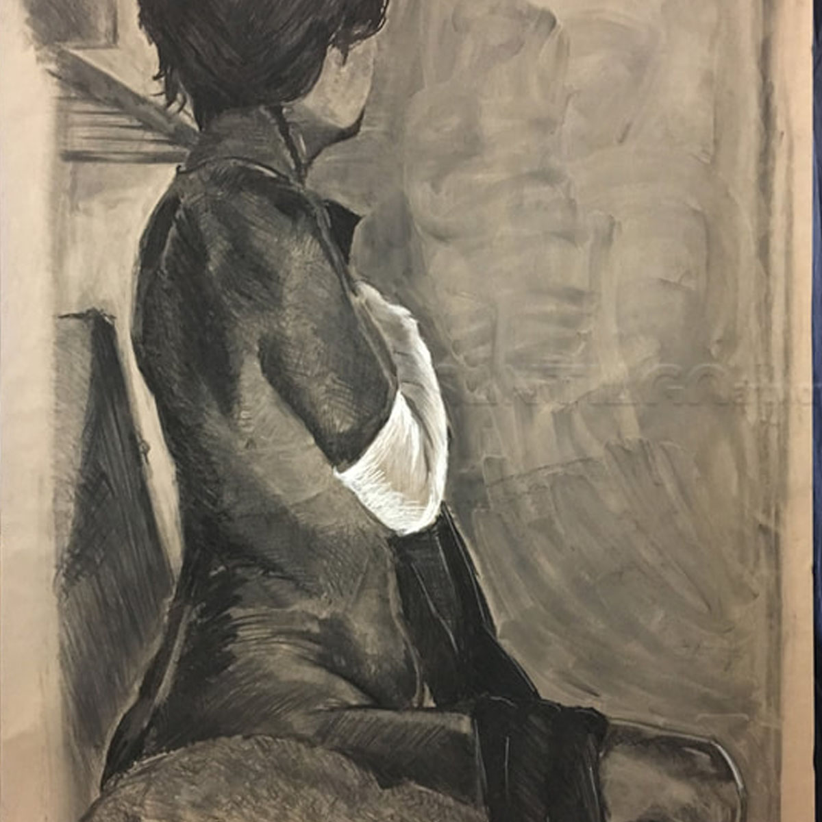 Grayscale charcoal image of a female figure drawn from her right side. The figure is wearing a long white glove and has short neck length hair.