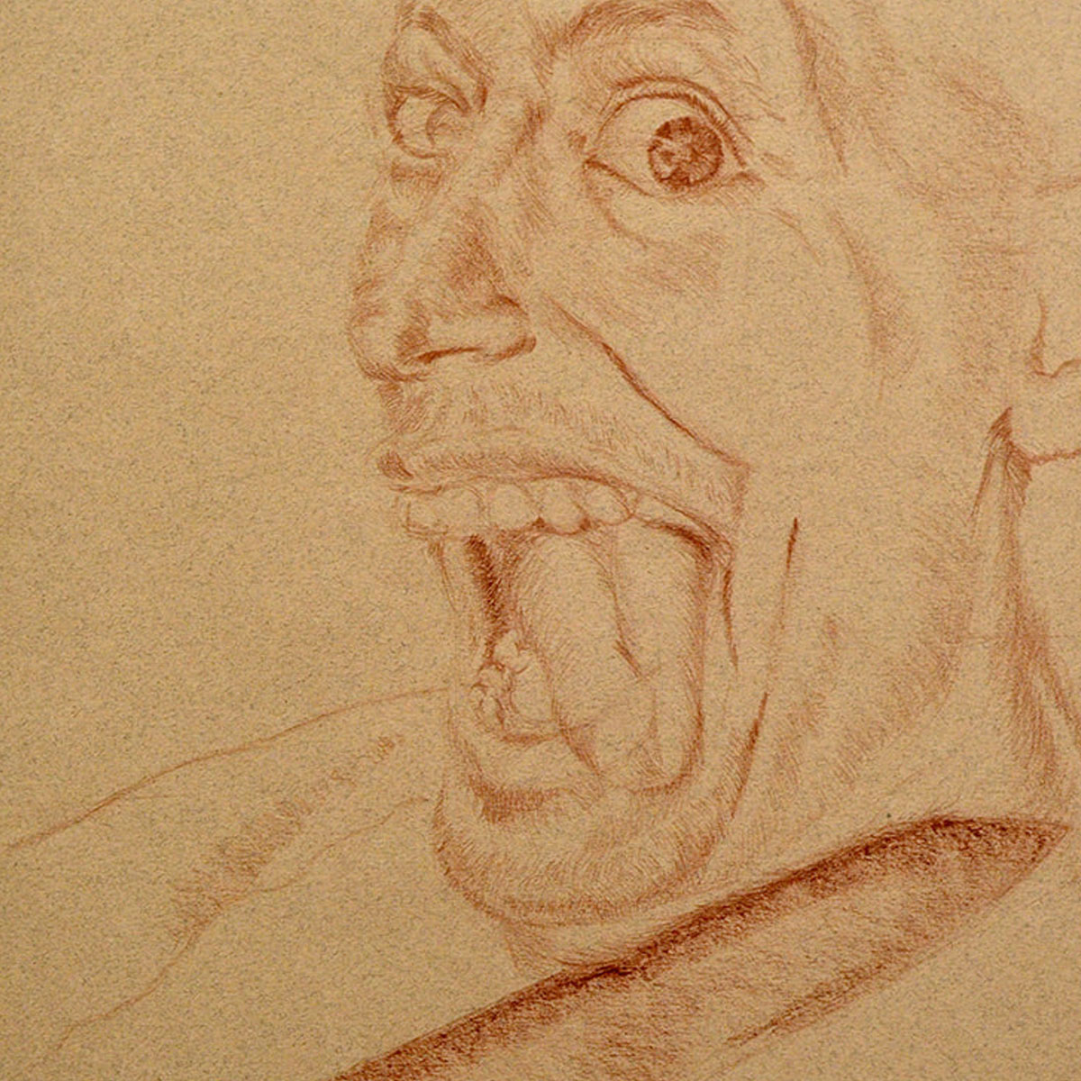 Self portrait made with conté crayon of the artist with eyes wide open, tongue sticking out, and sharp edge held against neck.