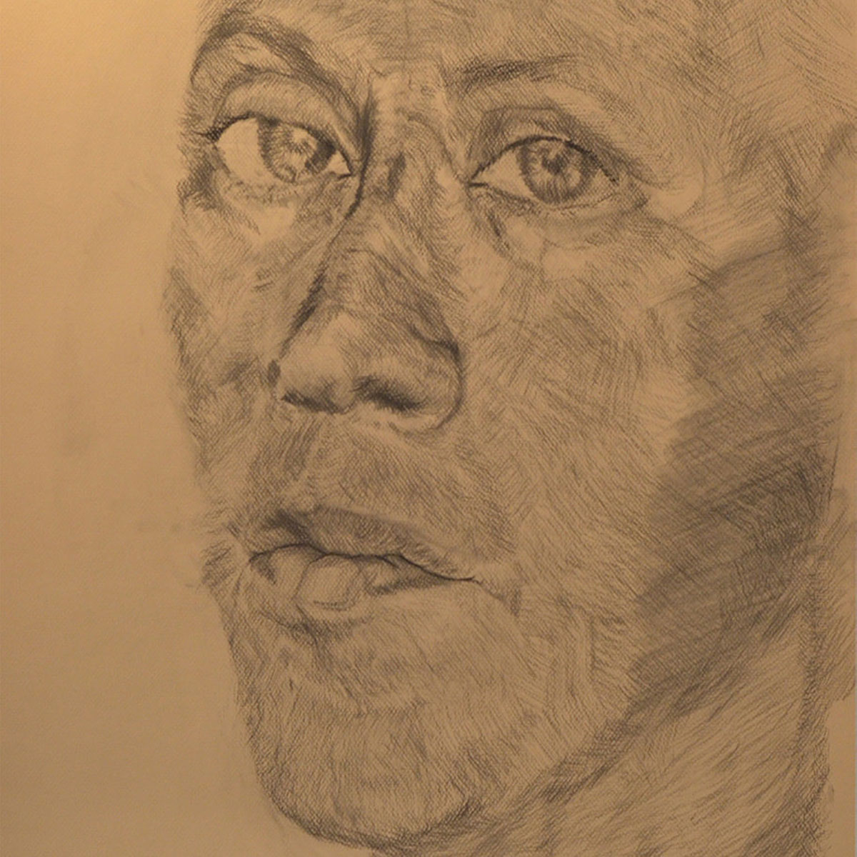Charcoal self portrait of the artist from chin to near top of head. Drawing is created from a three quarter perspective.