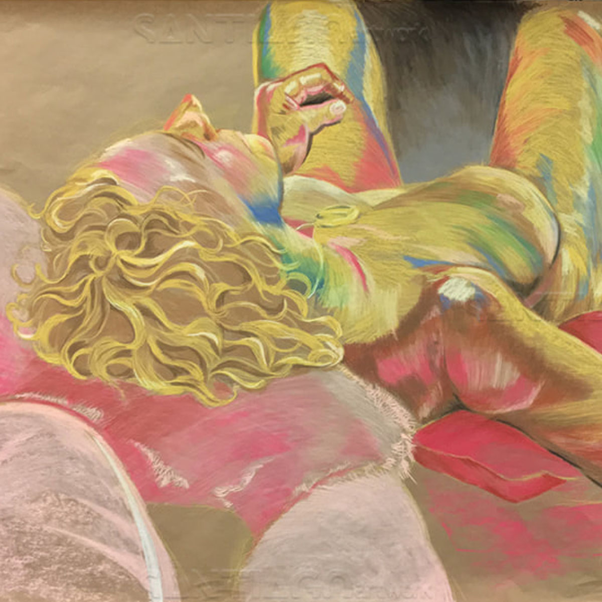A pastel rendering of a female figure lying in a foreshortened pose. The figure is seen from top of the head nearest the viewer and feet farthest away with knees bent. Various colors are used to represent perceived color and temperature as light hits the surface of the body. The figure has curly hair.