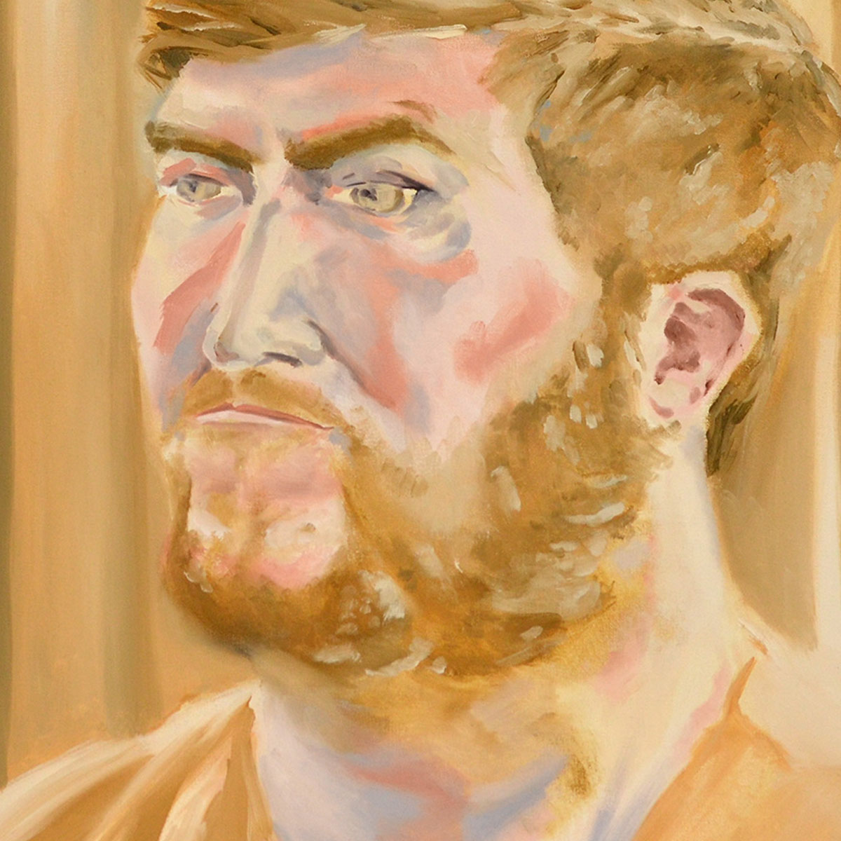 Oil painting. A portrait of a male figure from upper chest to top of head, painted from a three quarter perspective using the Apelle's palette which is a limited color palette of about four paint colors.