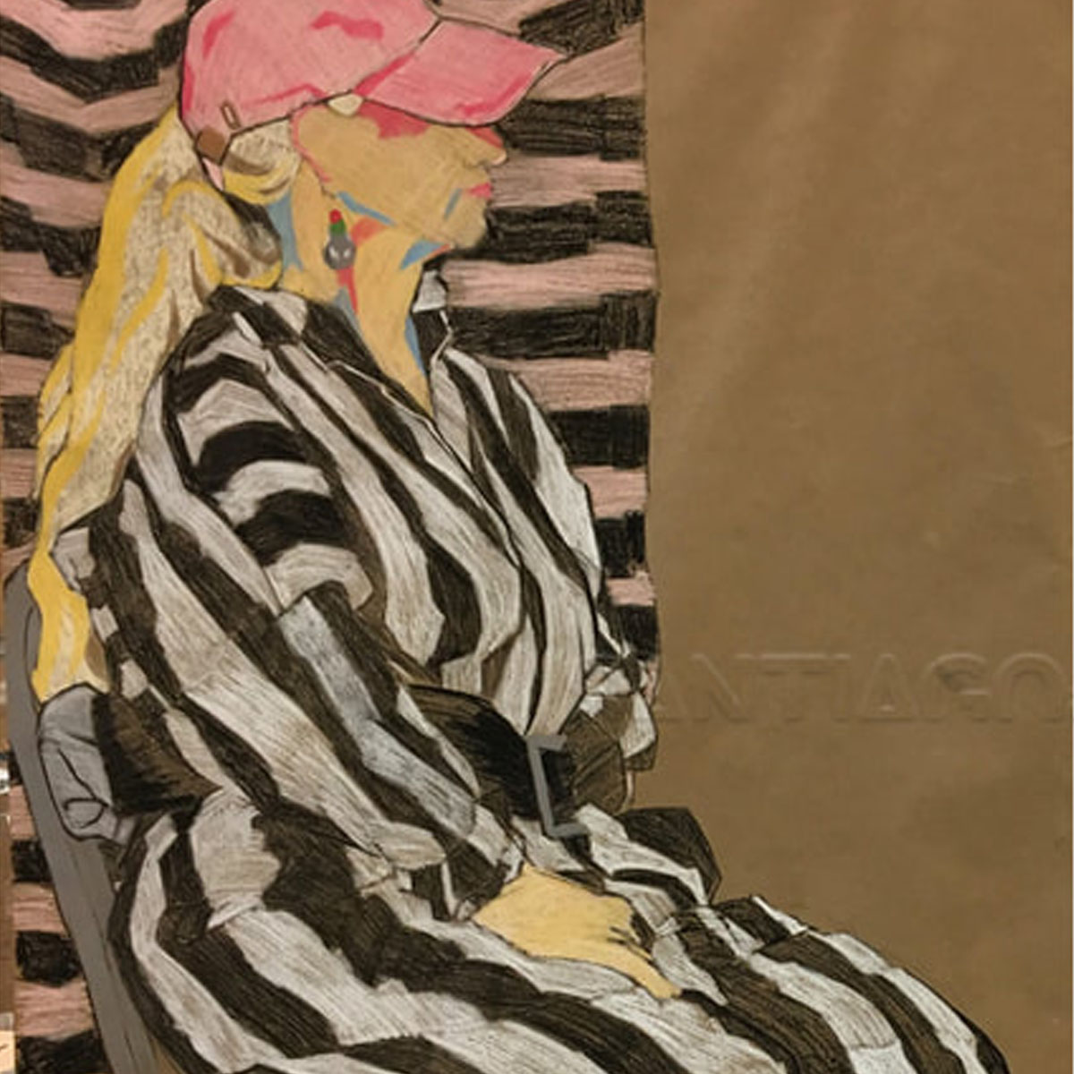 Rendering of a female figure using pastels. The figure is wearing a black and white striped robe with a background fabric of the same color and pattern. The figure has long, light colored hair, wears a cap, and is rendered from a three-quarter perspective.