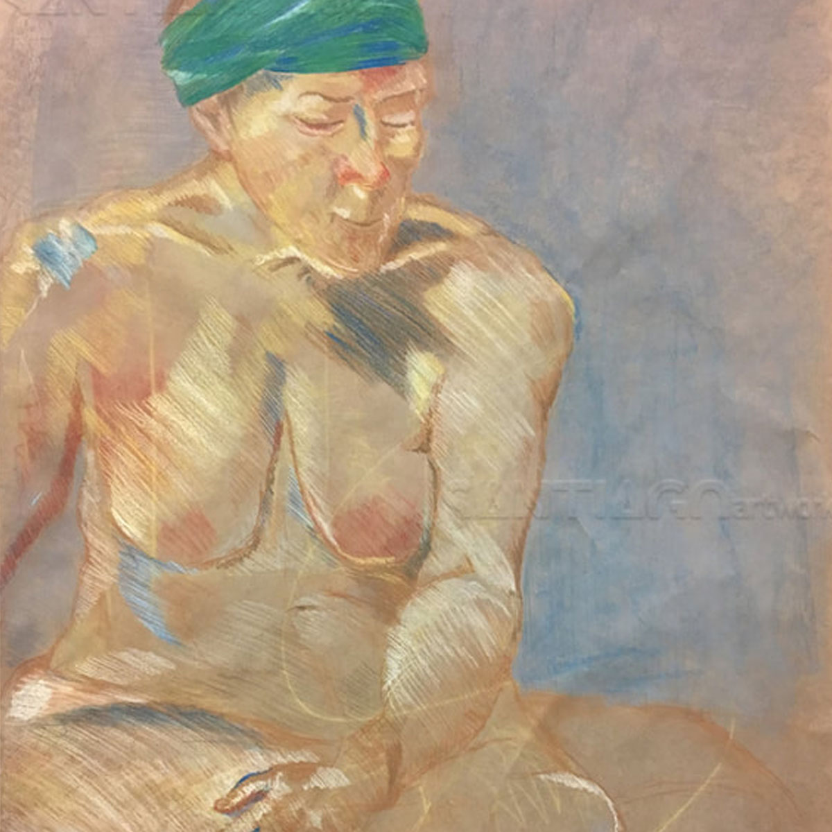 A pastel rendering of a female figure wearing a green band-like fabric on the head. The figure is rendered from mostly a front perspective with some of her right-side visible. She is in a sitting pose with her left hand resting on her right knee.