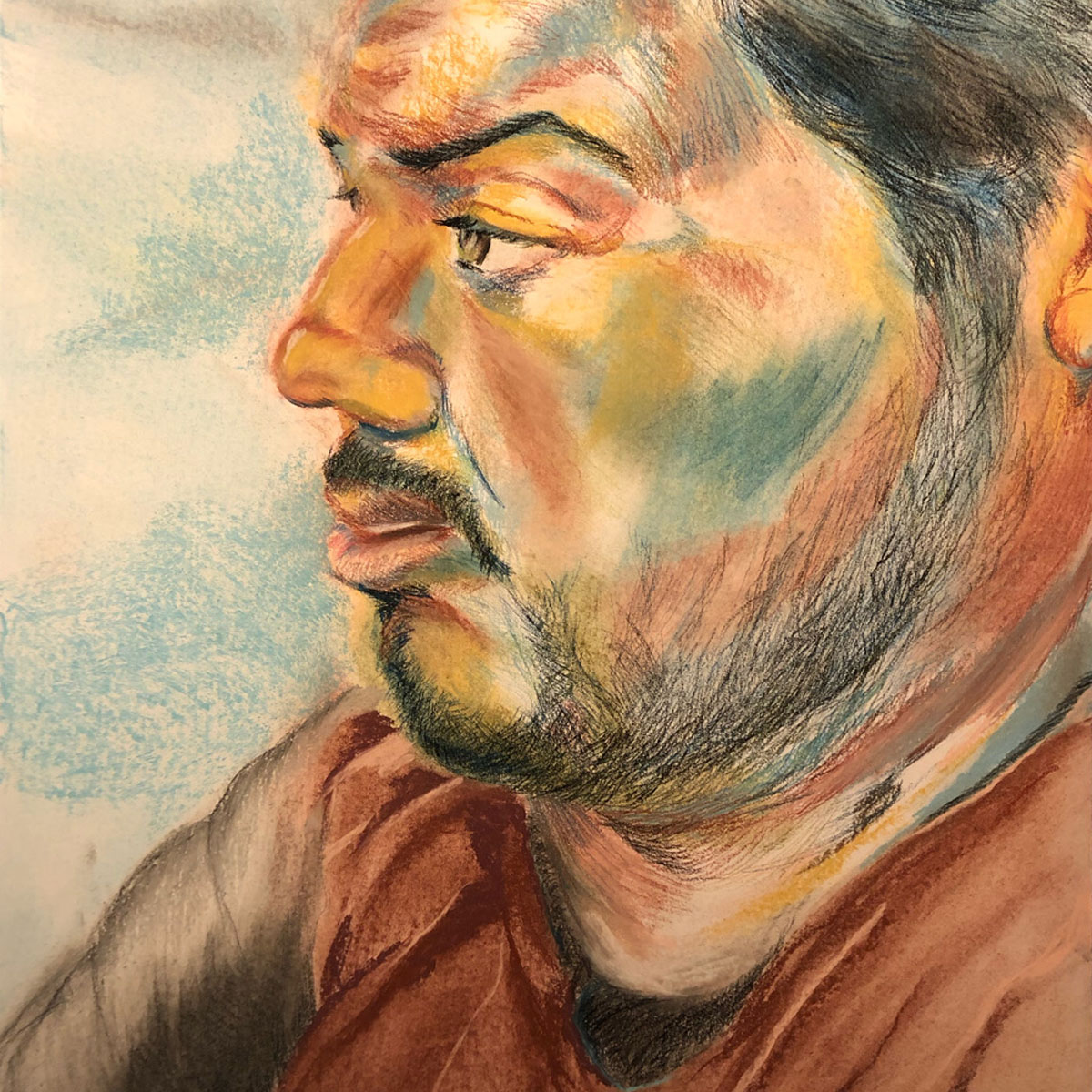 A pastel rendering of a male figure from mid-chest to top of head. The figure has dark hair, a light mustache, and accompanying facial hair. The figure is rendered from a mostly left-side perspective with his front side moderately visible.