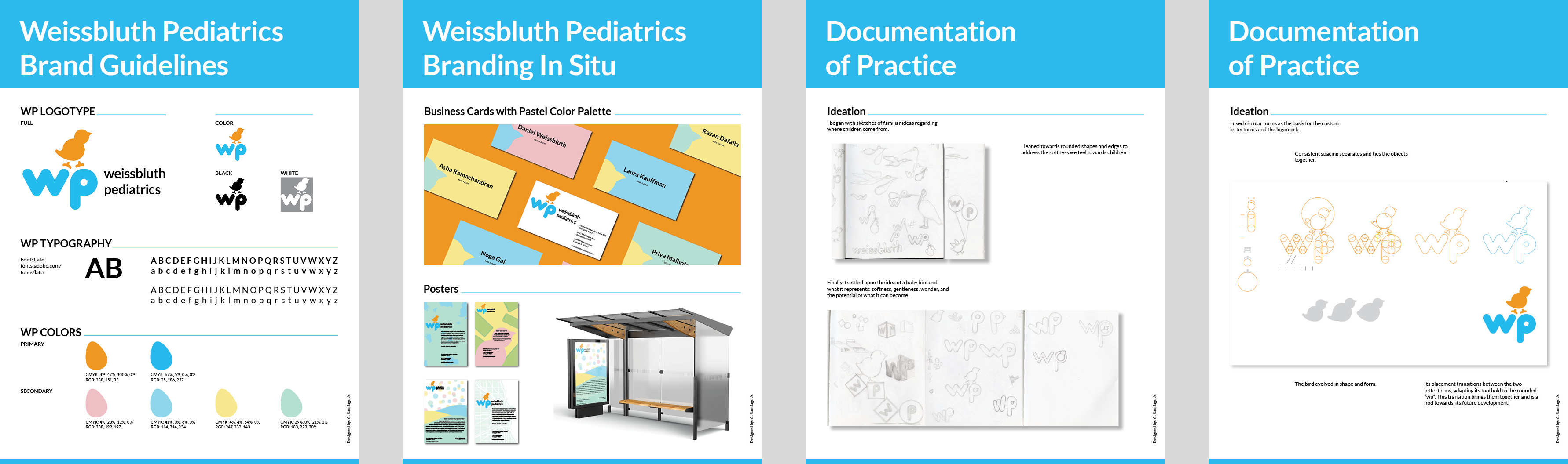 Four pages containing the ideation process for a pediatrician's practice. The pages display the ideation of the logo mark from drawings of birds and bird forms to a final logo displaying the letters WP with a simplified bird stepping between the two letter forms.