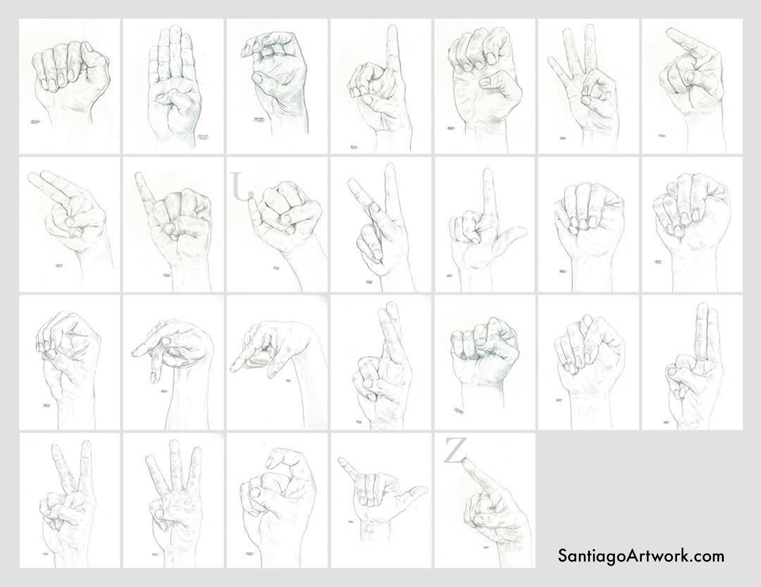 A composition of 26 graphite drawings displaying the alphabet in EESL.