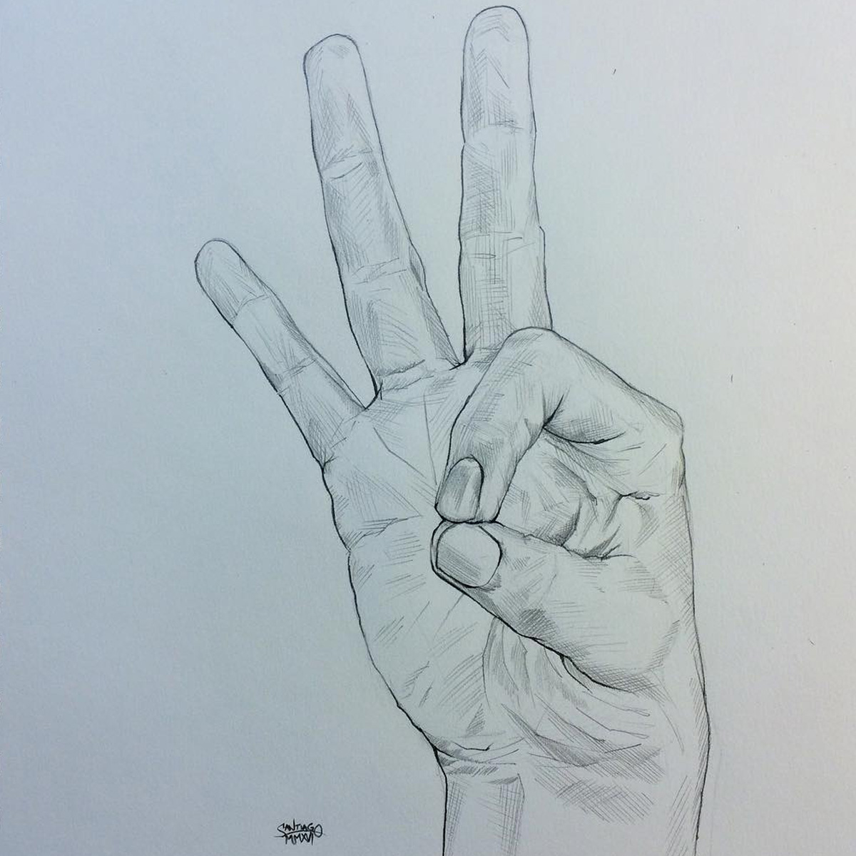A graphite drawing of a hand gesturing the letter F in EESL.