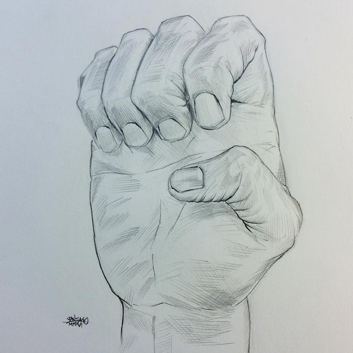 A graphite drawing of a hand gesturing the letter E in EESL.